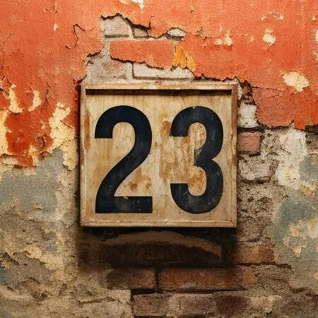 The number 23 in a frame on a brick wall