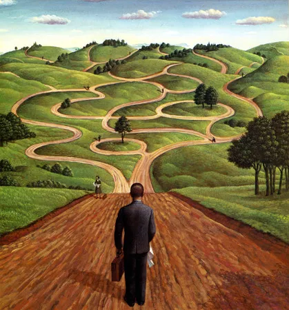 Man standing at beginning of scrambled road