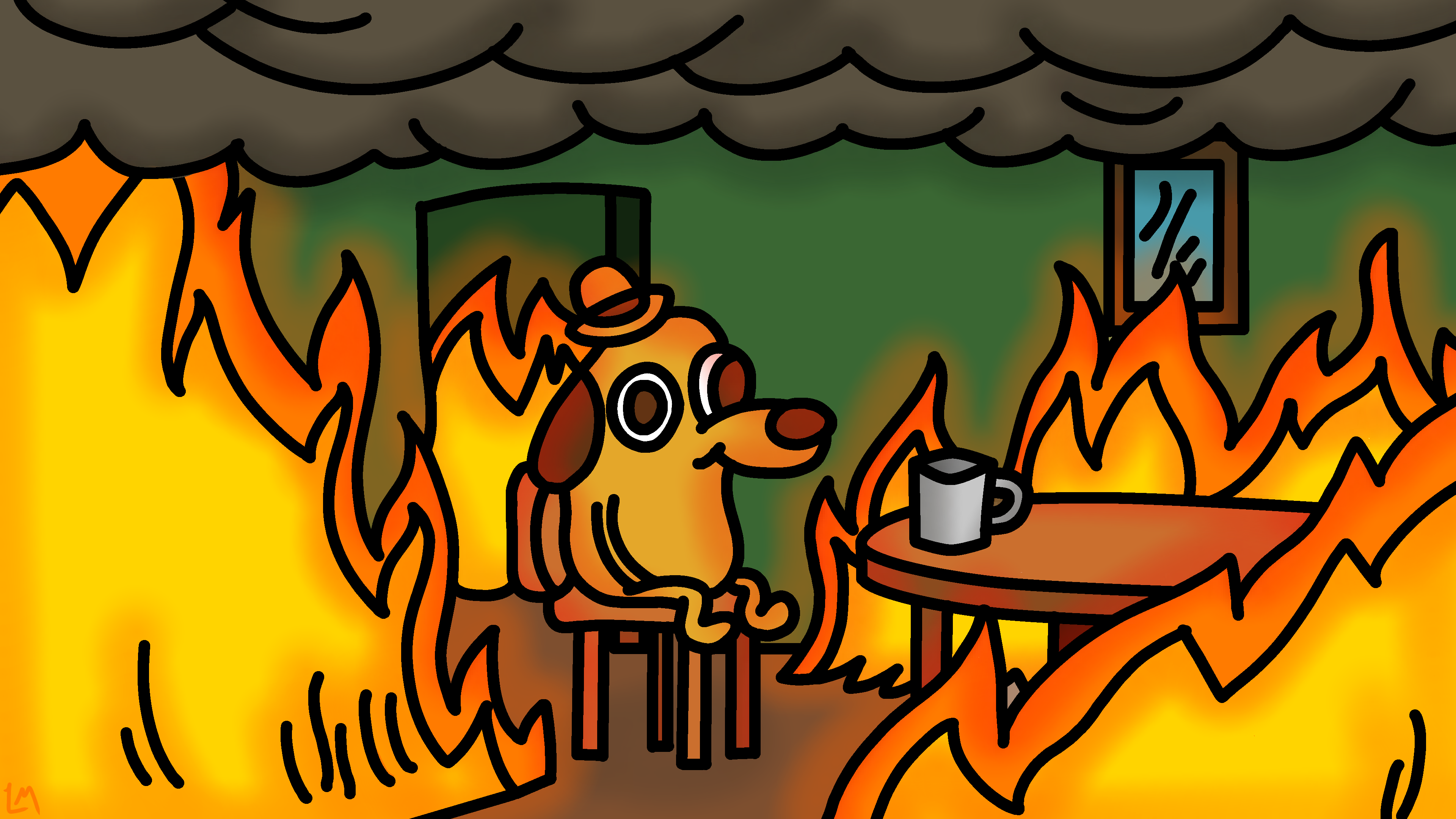 The "This is fine" dog with everything around it on fire meme